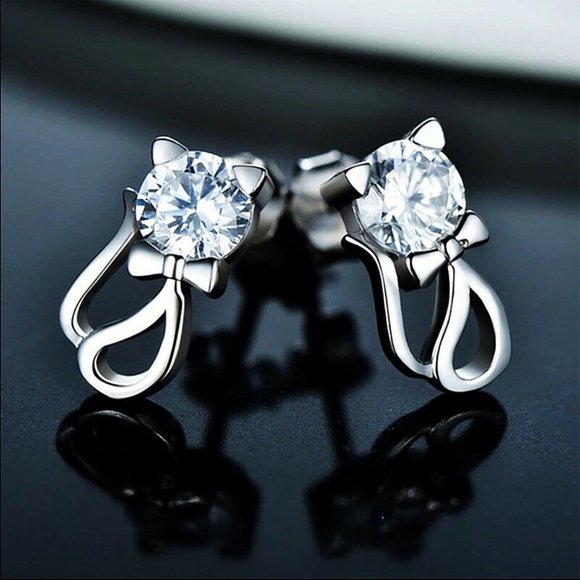 925 Sterling Silver Diamond Zircon Cat Stud Earrings 6mm .84ctw ea. Party Gift - Picture 4 of 5